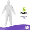 White Hazmat Suits, 3X-Large. Pack of 5 Lightweight Microporous Disposable Coveralls with Hood, Boots, Elastic Wrist, Lower Back